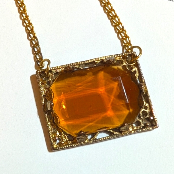 Art Deco 1930s Amber Crystal Filigree Necklace - Picture 5 of 6